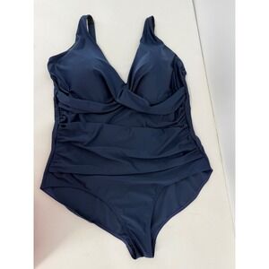 Emerald Bay Womens Navy Blue Ruched Twisted Bust One Piece Swimsuit Size 20